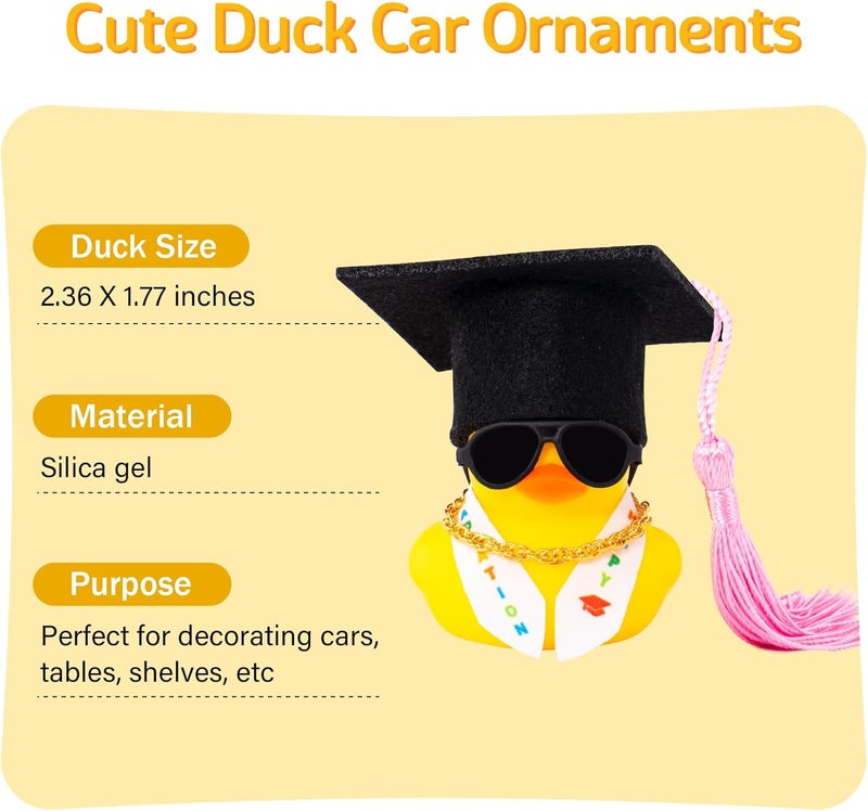 wonuu Graduation Stole Rubber Ducks, Dashboard Decorations Duck for Car Ornament Accessories with Hat Sunglasses Sash Chain (Pink) - Image 2